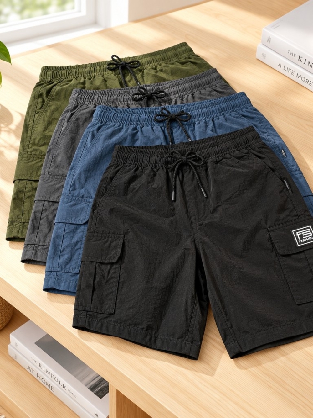 SHEIN Men's Cargo Drawstring Shorts in Black, Blue, Gray & Olive